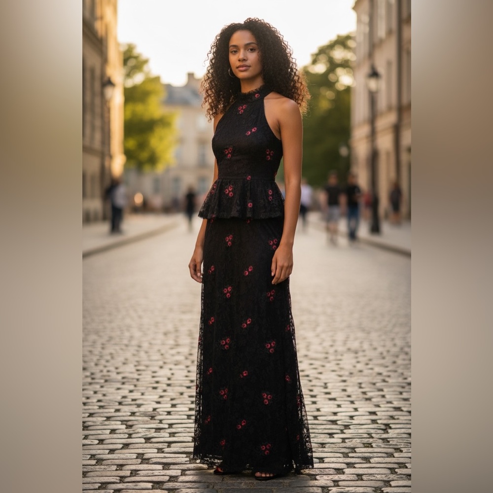 ML Monique Lhuillier Black Lace Maxi Dress with Embroidery Red Roses size 8